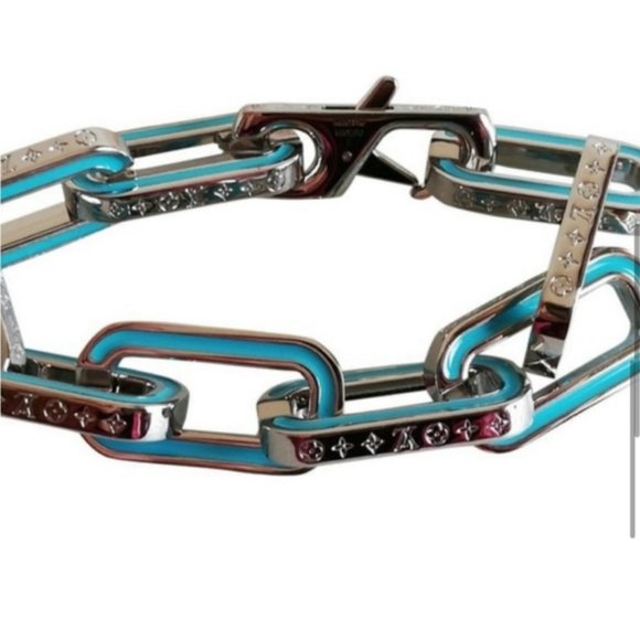 AUTHENTIC LOUIS VUITTON LVMONOGRAM LINKS STERLING & BLUE ENAMEL BRACELET 8 - Picture 7 of 15